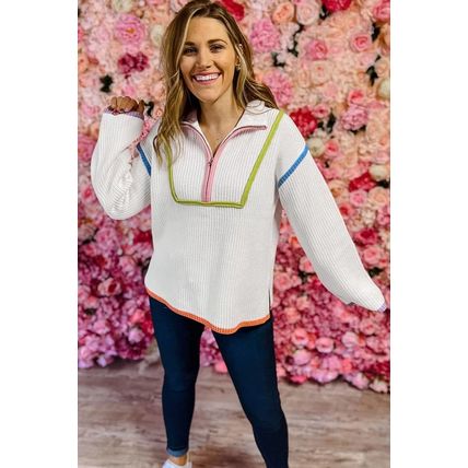 White Colorful Edge Quarter Zip Drop Shoulder Sweater