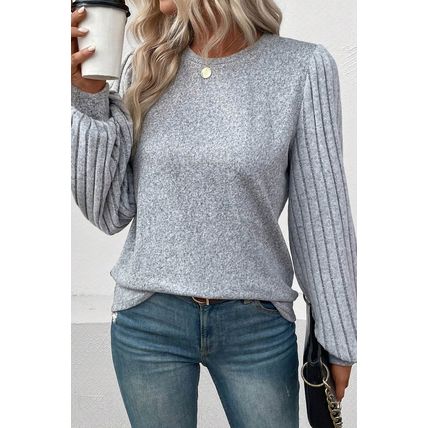Gray Contrast Ribbed Bishop Sleeve Top