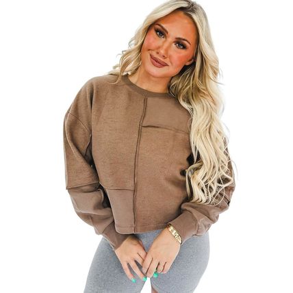 Coffee Solid Exposed Seam Pullover Sweatshirt