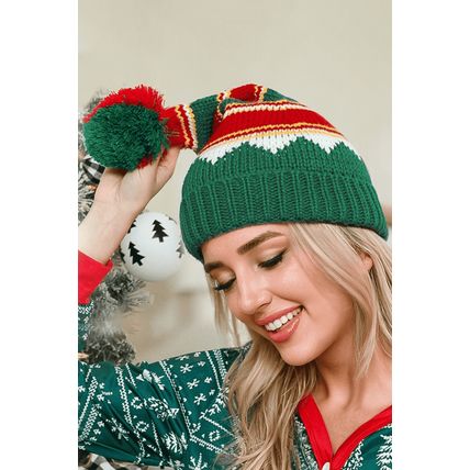 Blackish Green Christmas Color Block Pom Pom Knitted Hat