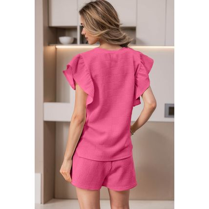 Bonbon Textured Ruffled Sleeve Tee and Drawstring Shorts Set