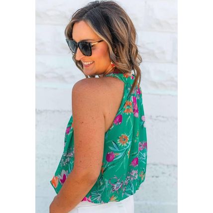 Bright Green Floral Print Buttoned Neckline Tank Top