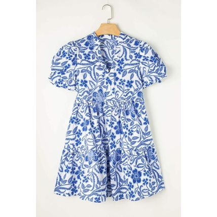 Blue Flower Print Puff Sleeve Tiered Dress