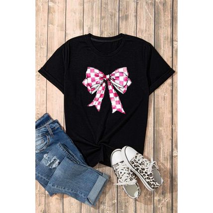 Black Checkerboard Bowknot Graphic Crewneck T Shirt