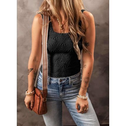 Black Floral Jacquard Square Neck Tank Top