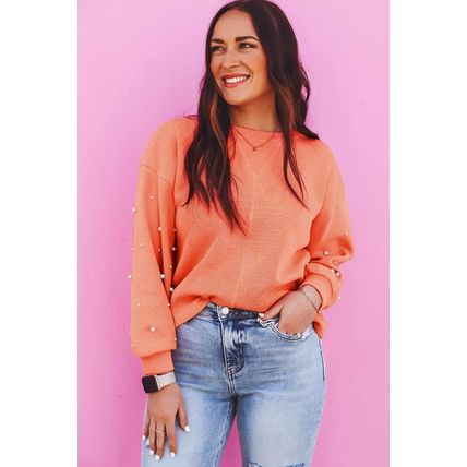 Blossom Pearled Sleeves Drop Shoulder Round Neck Pullover Sweatshirt