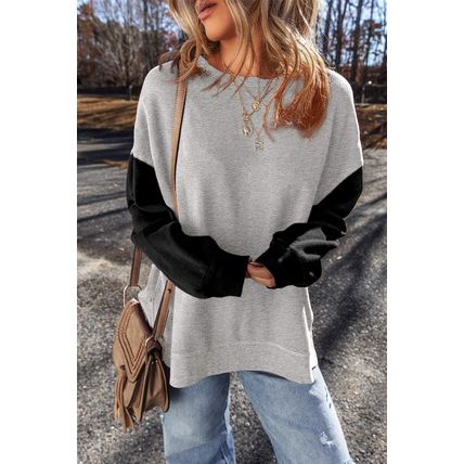 Gray Two Tone Patchwork Drop Shoulder Pullover Sweatshirt