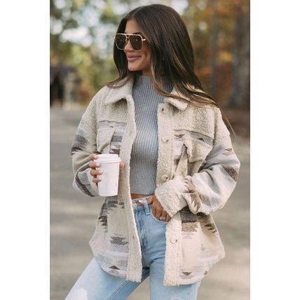 Khaki Western Aztec Print Sherpa Splicing Buttoned Flap Pocket Coat