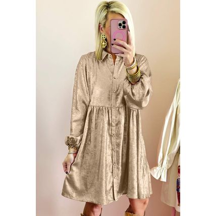 Apricot Metallic Sheen Puff Sleeve Button Up Mini Shirt Dress