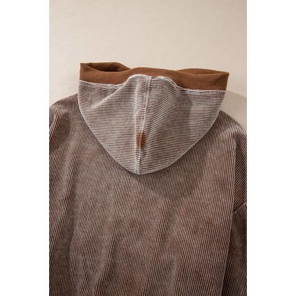 Chestnut Half Zipper Kangaroo Pocket Drawstring Corduroy Hoodie
