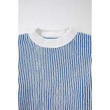 Dark Blue Striped Textured Knit Contrast Edge Loose Sweater