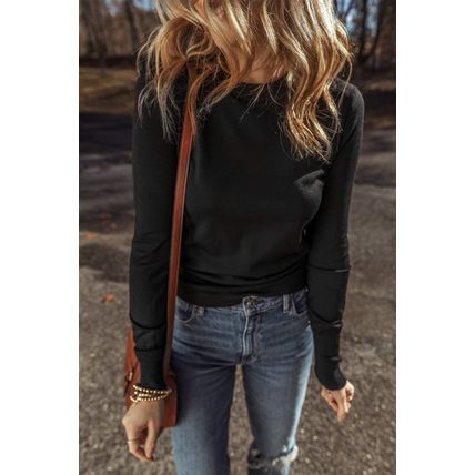 Black Solid Color Slim Fit Lightweight Crew Neck Sweater