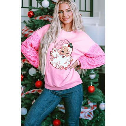 Pink Shiny Father Christmas Graphic Sequin Long Sleeve Top