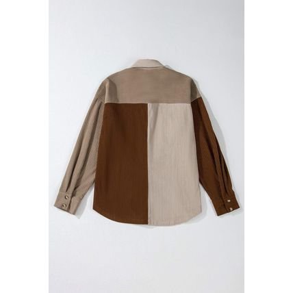 Brown Color Block Chest Pockets Buttoned Corduroy Shacket