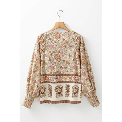 Yellow Floral Print Tie Neck Lantern Sleeve Blouse