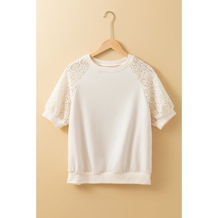 Jet Stream Lace Crochet Short Sleeve Round Neck T Shirt