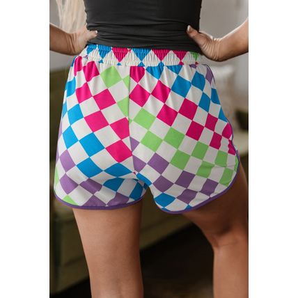 Multicolour Checkered Drawstring Elastic Waist Casual Shorts