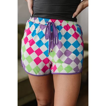 Multicolour Checkered Drawstring Elastic Waist Casual Shorts