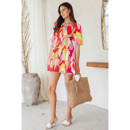 Multicolor Geometric Print Smocked Babydoll Mini Dress