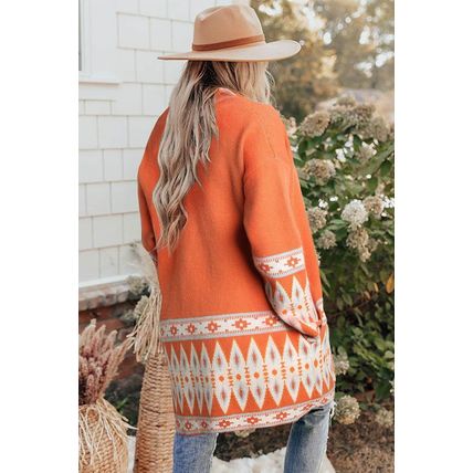Orange Printed Aztec Print Open Front Knitted Cardigan