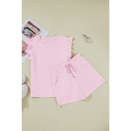 Pink Bow Jacquard Ruffle Sleeve Short 2pcs Outfit