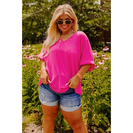 Bright Pink Seamed Back High Low Hem V Neck Cuffed Sleeve Plus Size Tee