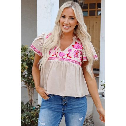 Beige Floral Embroidered Short Sleeve Notched V Neck Blouse