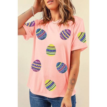 Pink Sequined Easter Egg Patched Print Holiday Tee