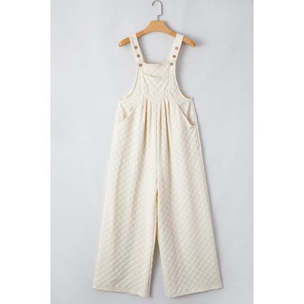 Beige Checkered Pocketed High Waist Wide Leg Overall