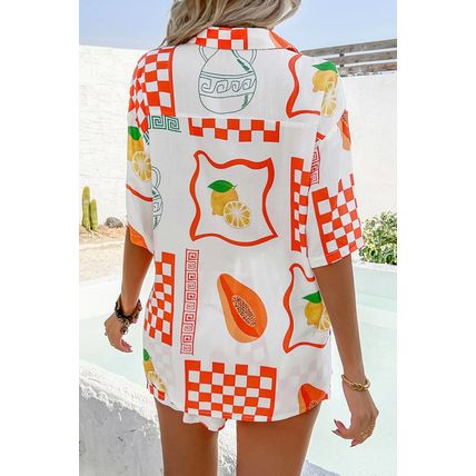 Orange Vacation Printed Loose Shirt and Drawstring Shorts Set