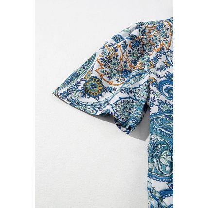 Blue Bohemian Paisley Floral V Neck Short Sleeve Mini Dress