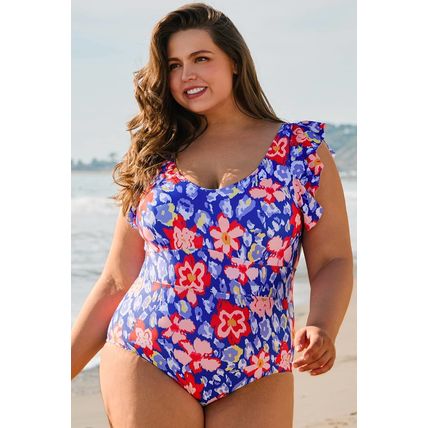 Blue Floral Print Ruffled V Neck High Waist One Piece Swimwear