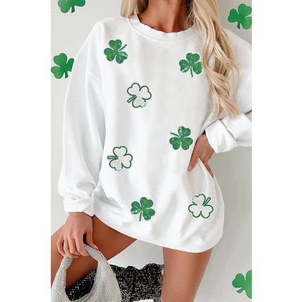 White Sequin Clover Patched Drop Shoulder Corded Sweatshirt
