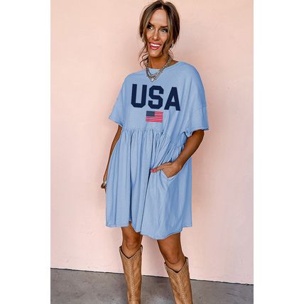 Sky Blue USA Flag Print Short Sleeve High Waist Babydoll Dress