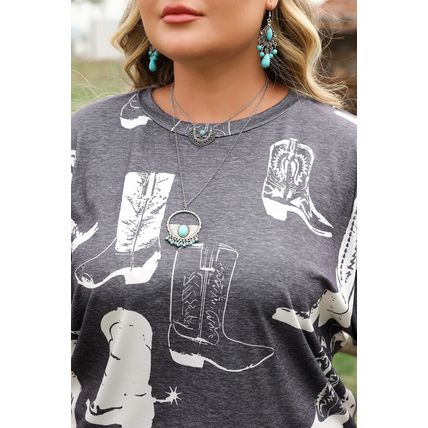 Gray Plus Size Western Boots Print Crew Neck T Shirt