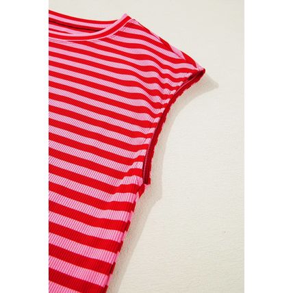 Red Stripe Ribbed Cap Sleeve Round Neck T Shirt
