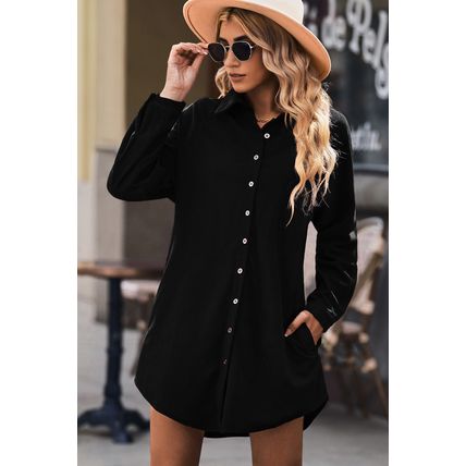 Black Corduroy Shirt Style Full Button Long Sleeve Shift Mini Dress