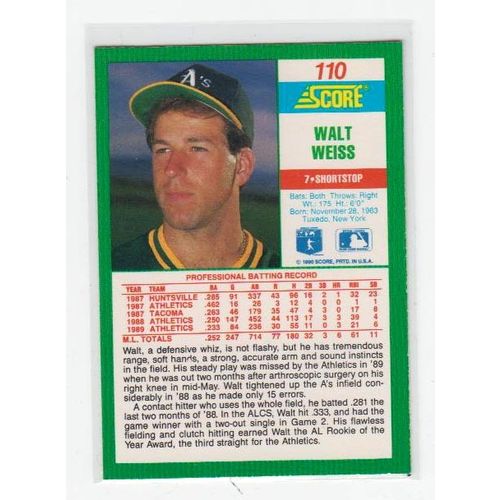 1990 Score Walt Weiss baseball card #110 – Athletics