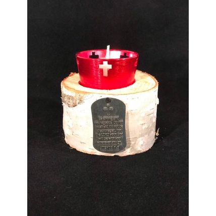 Joshua 1:9 Cross Votive Holder and Medal on a Birch Candle Holder