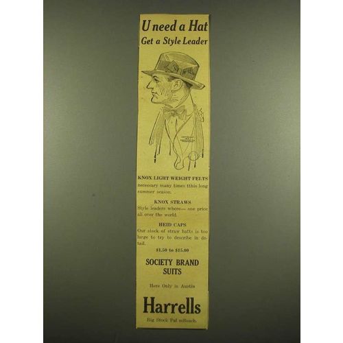 1915 Harrells Knox Light Weight Felt Hat Ad - U Need a Hat