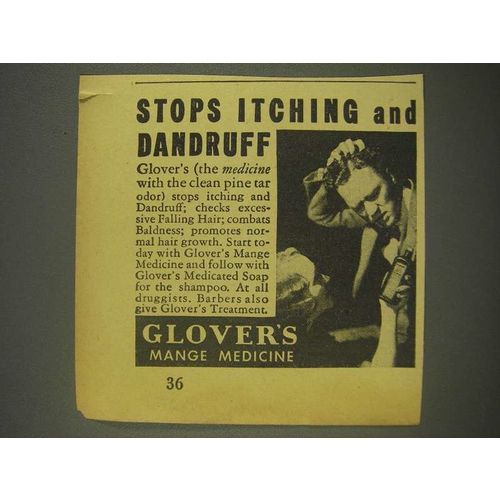 1936 Glover's Mange Medicine Ad - Stops Itching