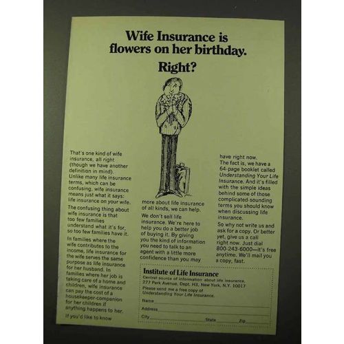 1971 Institute of Life Insurance Ad - Wife Insurance