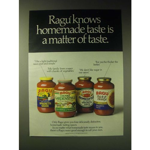 1989 Ragu Spaghetti Sauce Ad - Ragu knows homemade taste is a matter of taste