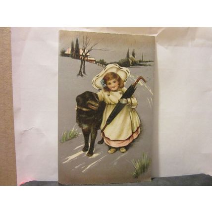 YOUNG GIRL WITH DOG AND UMBRELLA , used antique postcard by B. B. 1910 pm