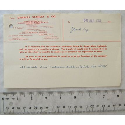 1954 letter Charles Stanley & Co., London re Sim (Malacca) Rubber Estates transf