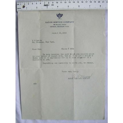 1922 letter Saxon Service, Co., Detroit, Michigan