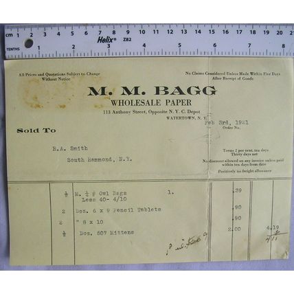 1921 invoice M. M. Bagg, Watertown, New York