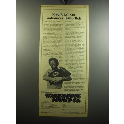 1975 Warehouse Sound Co. B.I.C. 980 Turntable Advertisement