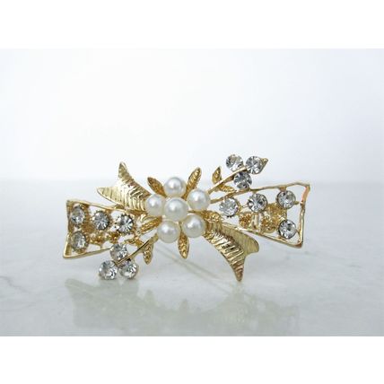 Silver or gold flower bow and leaf pearl crystal hair pin clip barrette
