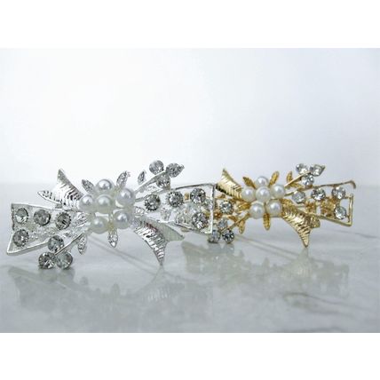 Silver or gold flower bow and leaf pearl crystal hair pin clip barrette